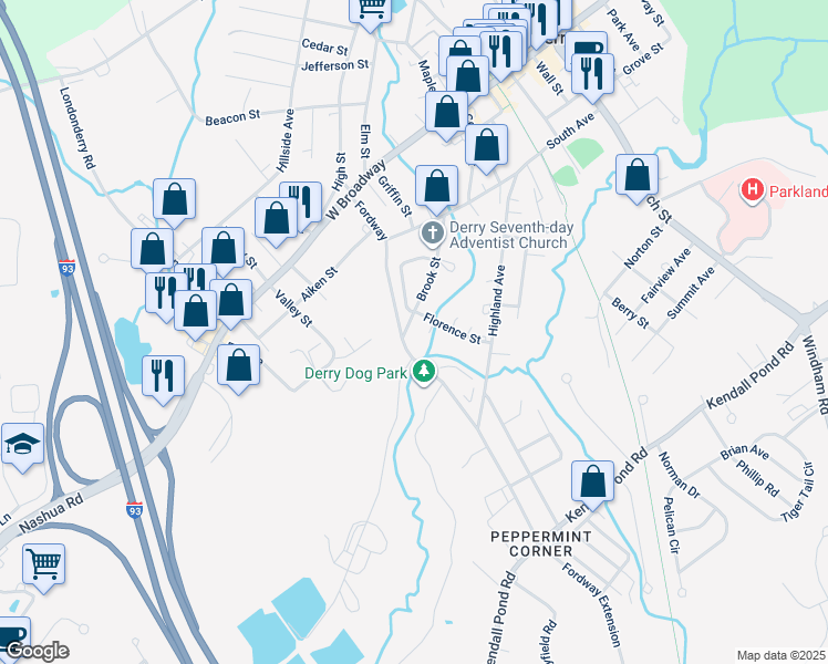 map of restaurants, bars, coffee shops, grocery stores, and more near 30 Brook Street in Derry