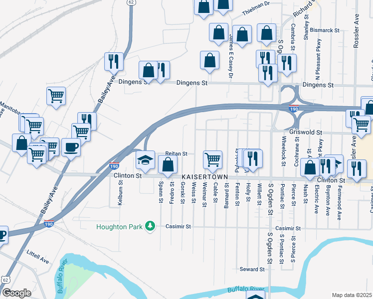 map of restaurants, bars, coffee shops, grocery stores, and more near 36 Krakow Street in Buffalo