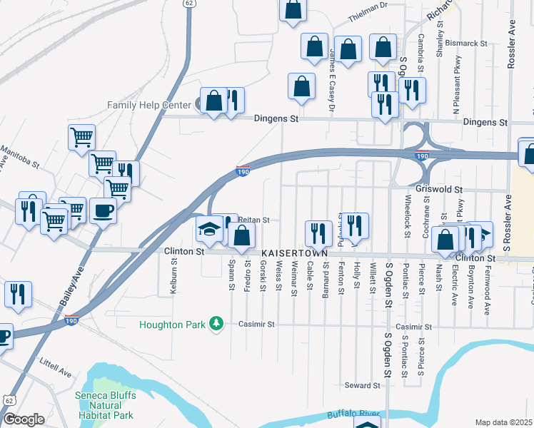map of restaurants, bars, coffee shops, grocery stores, and more near 36 Krakow Street in Buffalo