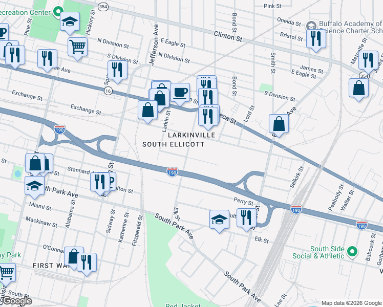 map of restaurants, bars, coffee shops, grocery stores, and more near 85 Roseville Street in Buffalo