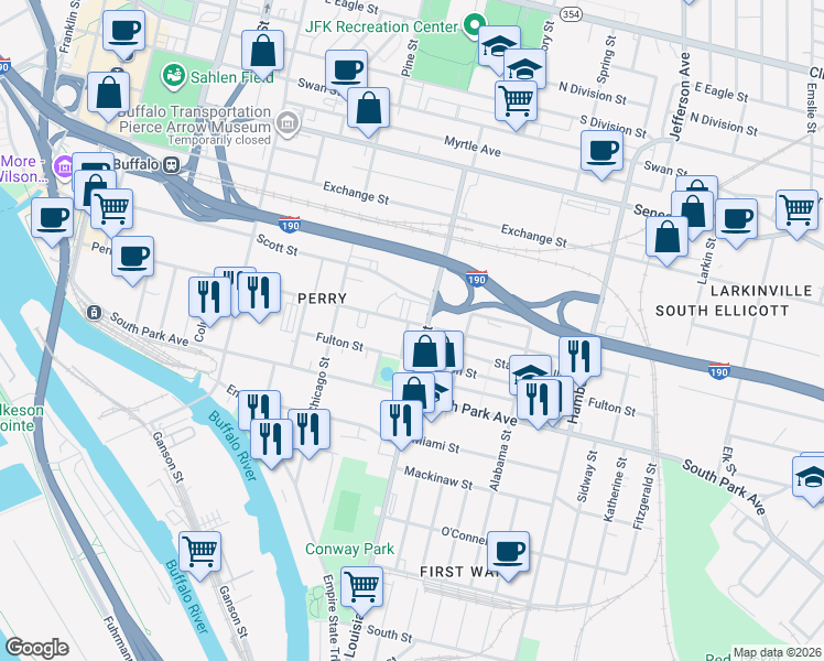 map of restaurants, bars, coffee shops, grocery stores, and more near in Buffalo