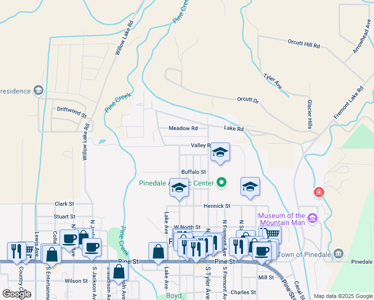 map of restaurants, bars, coffee shops, grocery stores, and more near 642 North Maybell Avenue in Pinedale