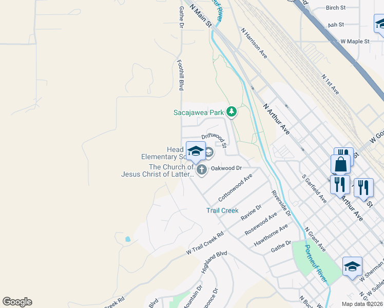 map of restaurants, bars, coffee shops, grocery stores, and more near 234 Oakwood Drive in Pocatello