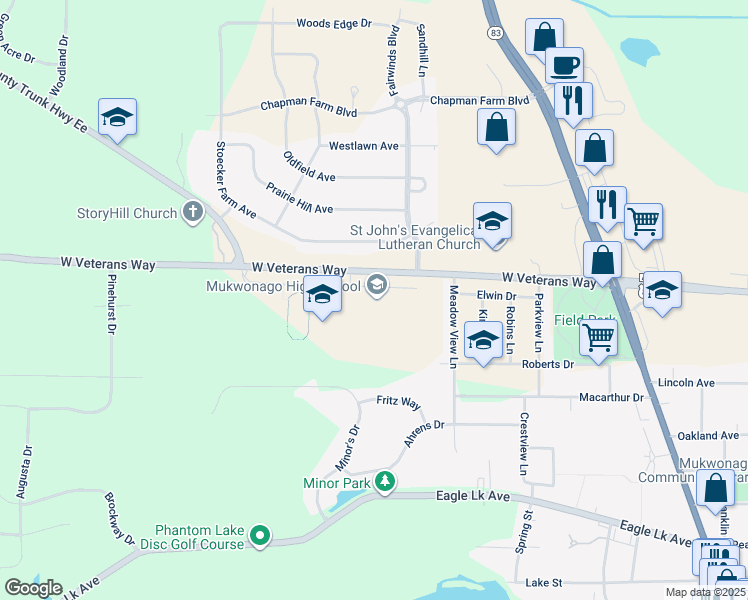 map of restaurants, bars, coffee shops, grocery stores, and more near 605 West School Road in Mukwonago