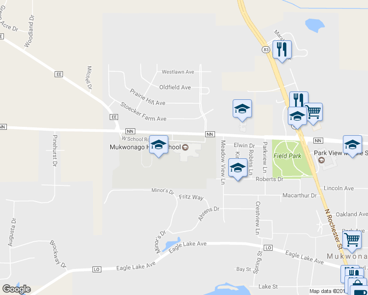 map of restaurants, bars, coffee shops, grocery stores, and more near 605 West School Road in Mukwonago