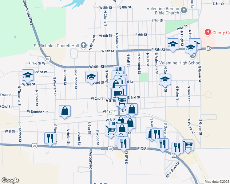 map of restaurants, bars, coffee shops, grocery stores, and more near in Valentine