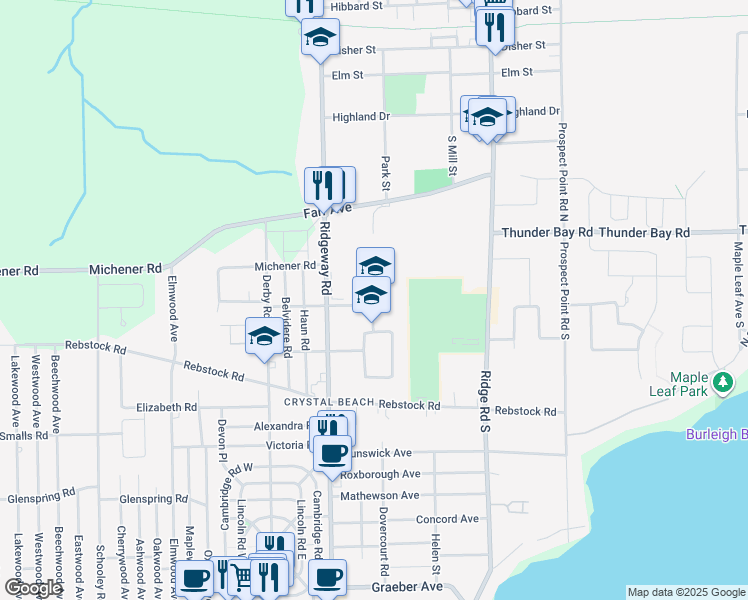 map of restaurants, bars, coffee shops, grocery stores, and more near 3800 Wellington Road in Fort Erie