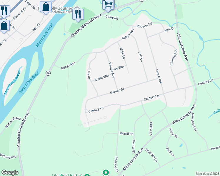map of restaurants, bars, coffee shops, grocery stores, and more near 26 Garden Drive in Litchfield