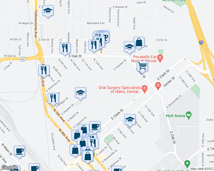 map of restaurants, bars, coffee shops, grocery stores, and more near 508 North 11th Avenue in Pocatello