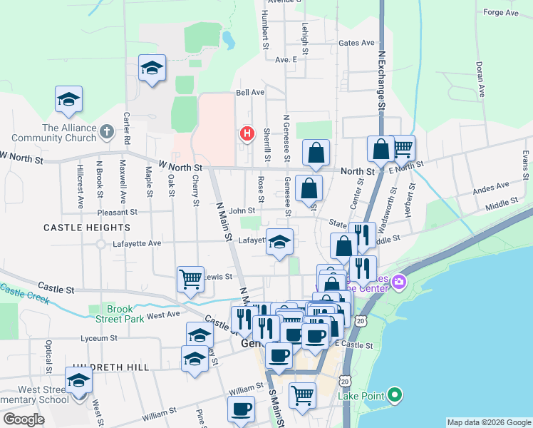 map of restaurants, bars, coffee shops, grocery stores, and more near 76 Genesee Street in Geneva