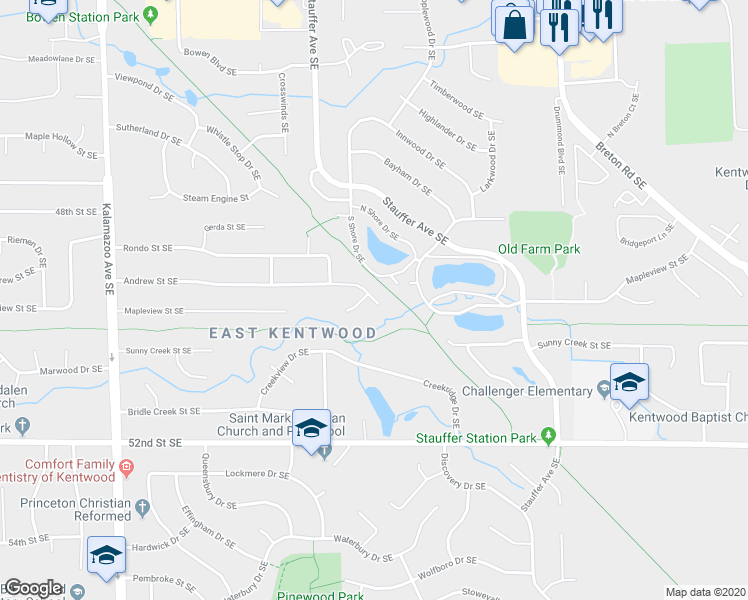 map of restaurants, bars, coffee shops, grocery stores, and more near 2059 Andrew Street Southeast in Kentwood