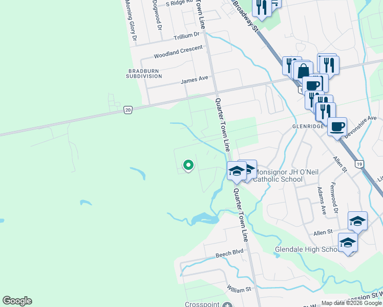 map of restaurants, bars, coffee shops, grocery stores, and more near 273 Quarter Town Line in Tillsonburg