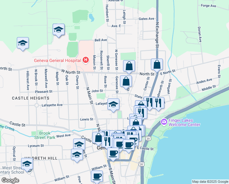 map of restaurants, bars, coffee shops, grocery stores, and more near 76 Genesee Street in Geneva