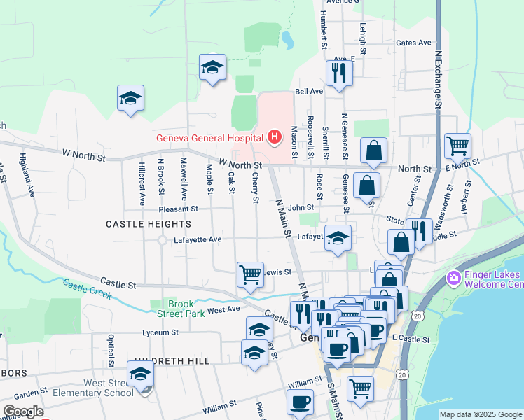 map of restaurants, bars, coffee shops, grocery stores, and more near 75 Cherry Street in Geneva