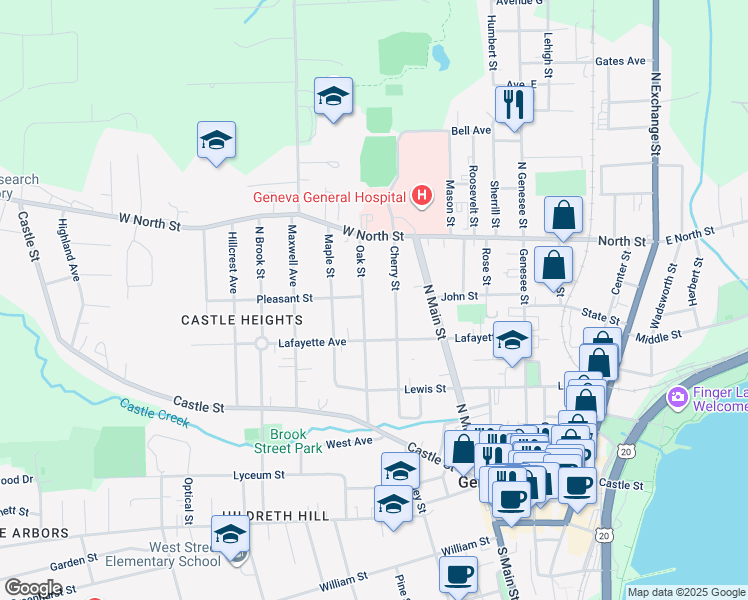 map of restaurants, bars, coffee shops, grocery stores, and more near 77 Oak Street in Geneva