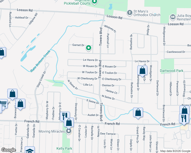 map of restaurants, bars, coffee shops, grocery stores, and more near 31 Lille Lane in Buffalo