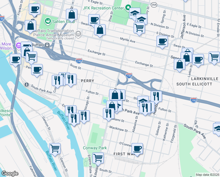 map of restaurants, bars, coffee shops, grocery stores, and more near in Buffalo