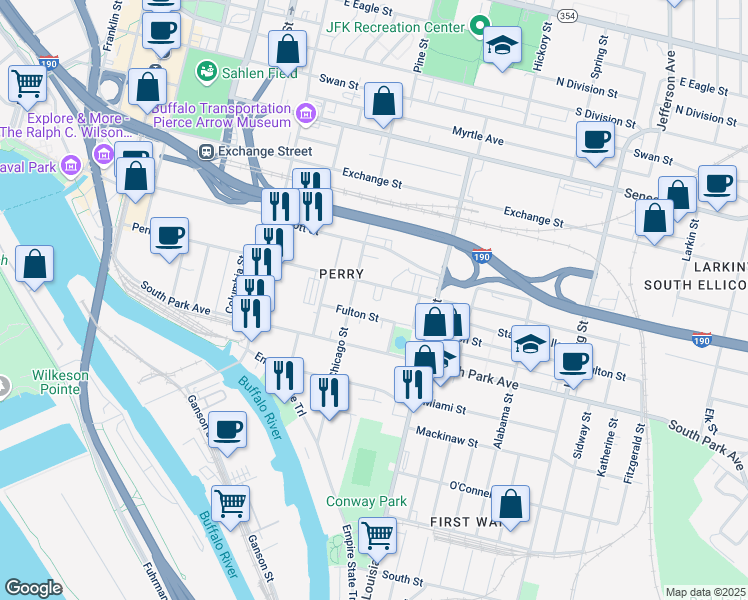 map of restaurants, bars, coffee shops, grocery stores, and more near 119 Fulton Street in Buffalo