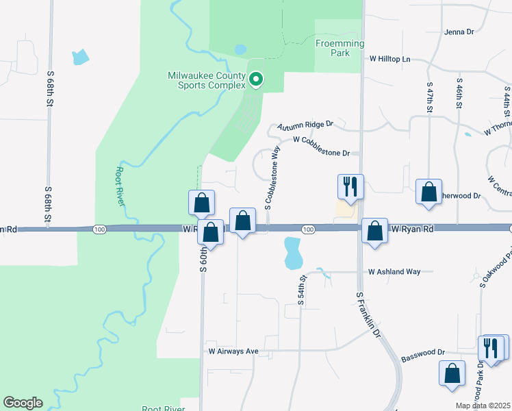 map of restaurants, bars, coffee shops, grocery stores, and more near 9411 South Cobblestone Way in Franklin