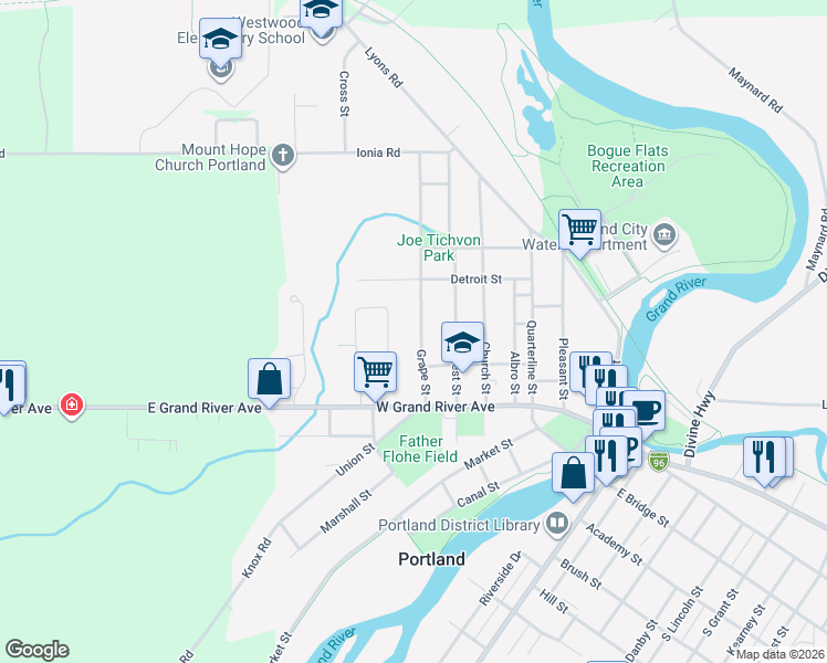 map of restaurants, bars, coffee shops, grocery stores, and more near 275 Grape Street in Portland