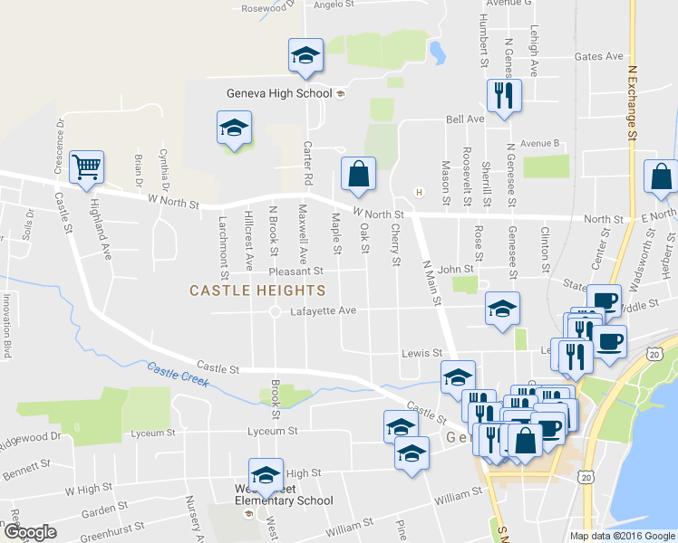 map of restaurants, bars, coffee shops, grocery stores, and more near 63 Maple Street in Geneva
