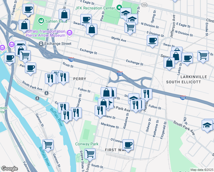 map of restaurants, bars, coffee shops, grocery stores, and more near Louisiana Street & Perry Street in Buffalo