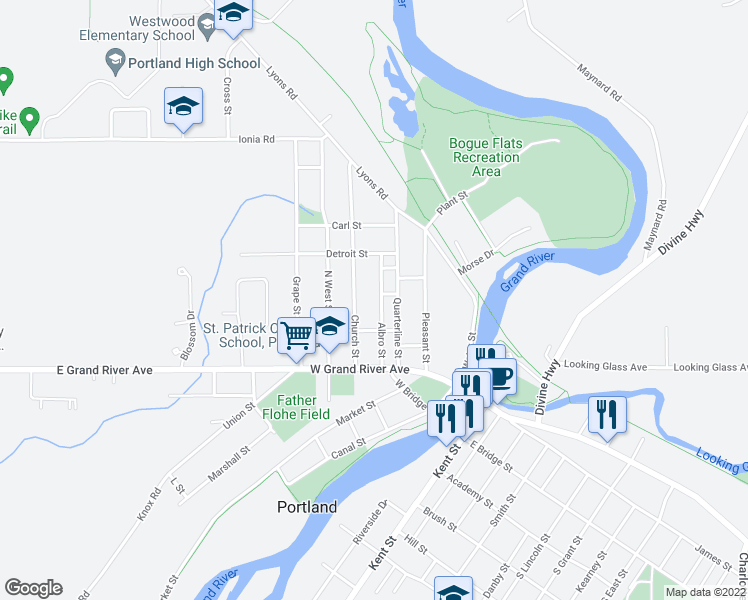 map of restaurants, bars, coffee shops, grocery stores, and more near 438 Center Street in Portland