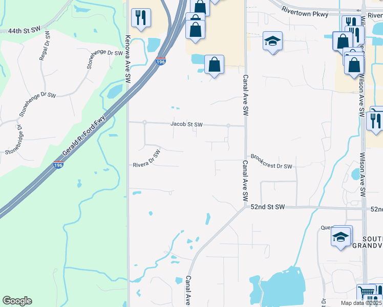 map of restaurants, bars, coffee shops, grocery stores, and more near in Grandville