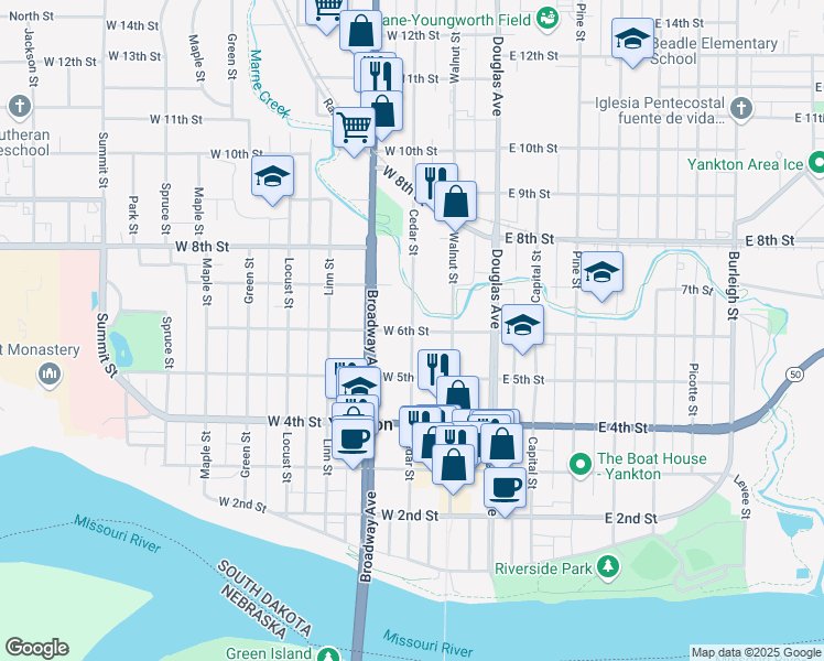 map of restaurants, bars, coffee shops, grocery stores, and more near 600 Cedar Street in Yankton