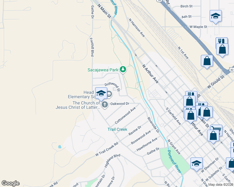 map of restaurants, bars, coffee shops, grocery stores, and more near 53 Chestnut Lane in Pocatello