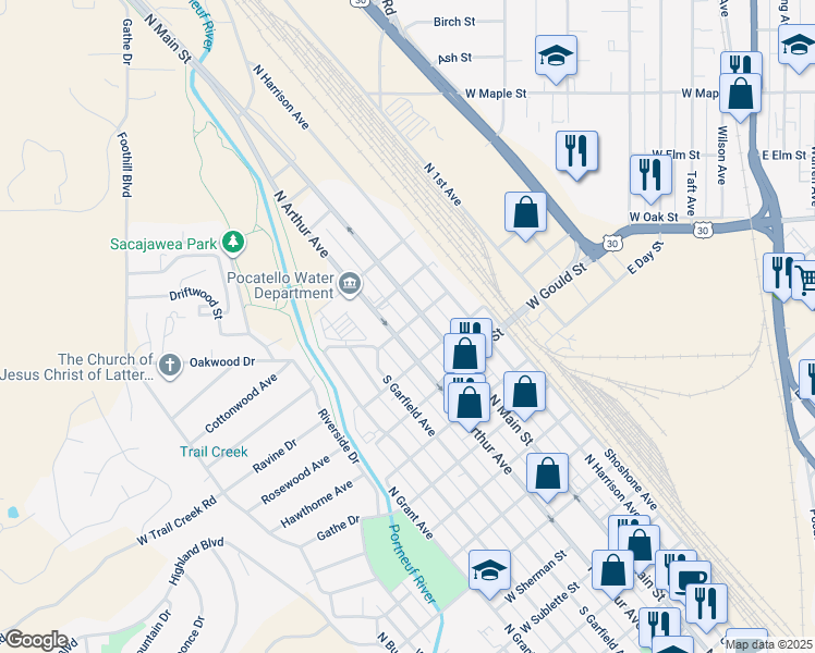 map of restaurants, bars, coffee shops, grocery stores, and more near 1745 North Main Street in Pocatello