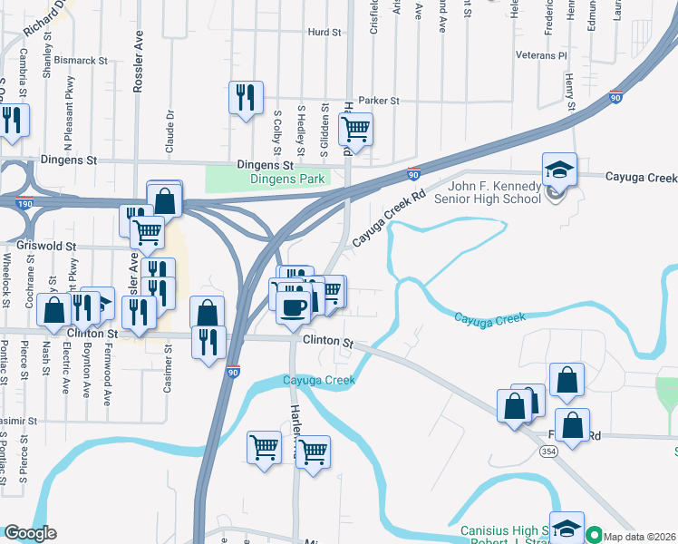 map of restaurants, bars, coffee shops, grocery stores, and more near 9 Cayuga Creek Road in Buffalo