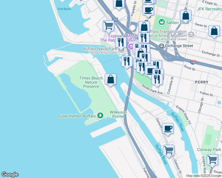 map of restaurants, bars, coffee shops, grocery stores, and more near 1 Fuhrmann Boulevard in Buffalo