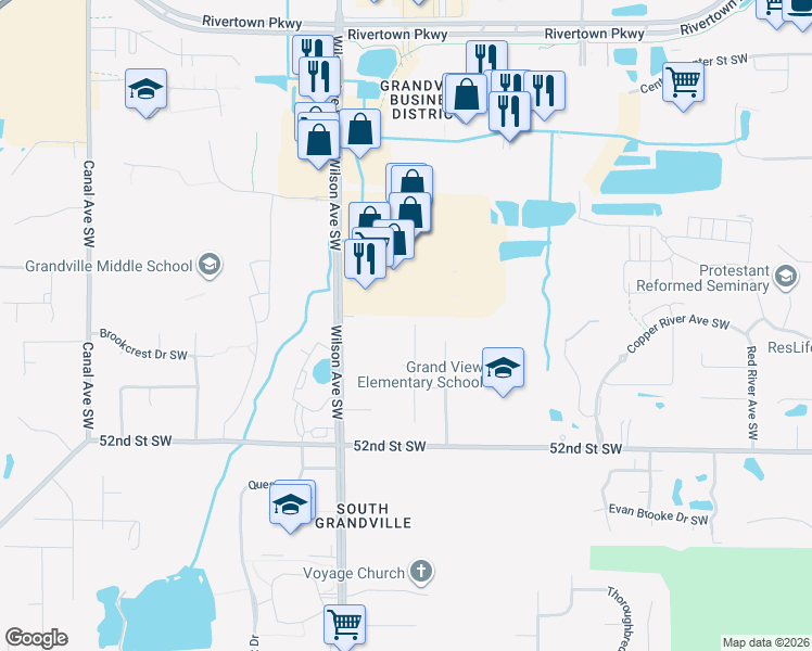 map of restaurants, bars, coffee shops, grocery stores, and more near 5031 Amanda Drive Southwest in Grandville