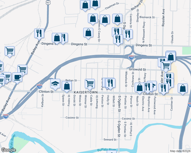 map of restaurants, bars, coffee shops, grocery stores, and more near 79 Griswold Street in Buffalo