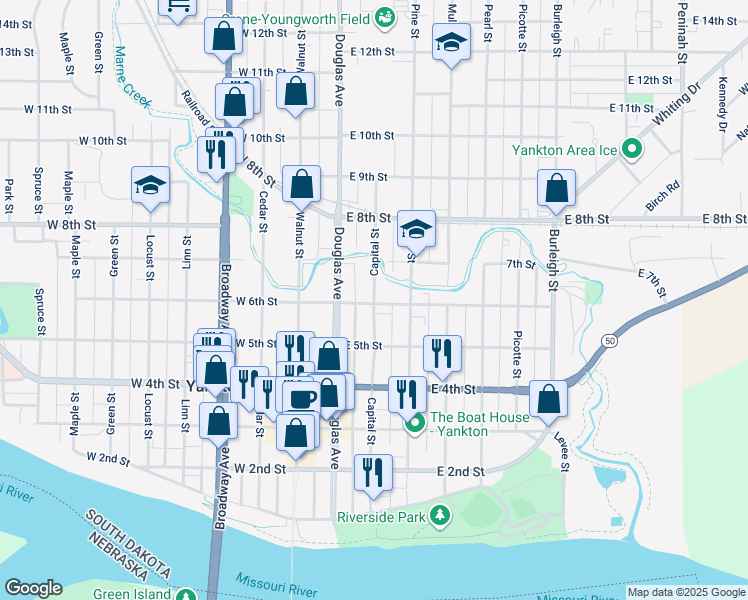 map of restaurants, bars, coffee shops, grocery stores, and more near 611 Capital Street in Yankton