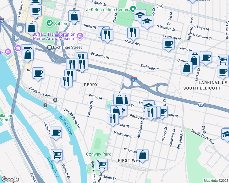 map of restaurants, bars, coffee shops, grocery stores, and more near 335 Perry Street in Buffalo