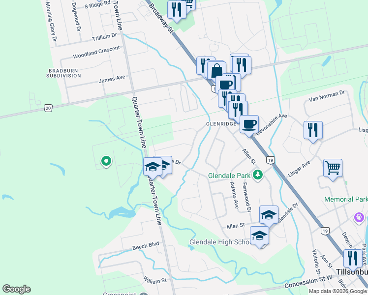 map of restaurants, bars, coffee shops, grocery stores, and more near 21 Belmont Avenue in Tillsonburg