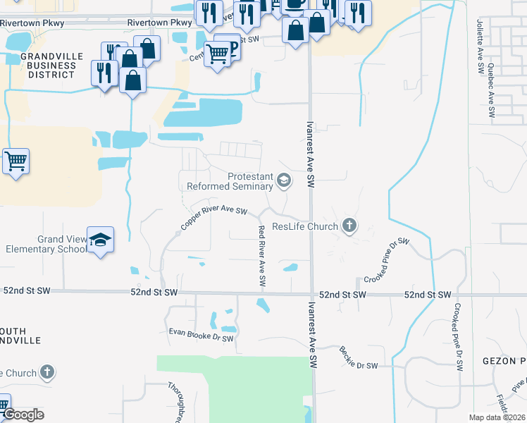 map of restaurants, bars, coffee shops, grocery stores, and more near 3325 Scenic River Drive in Wyoming