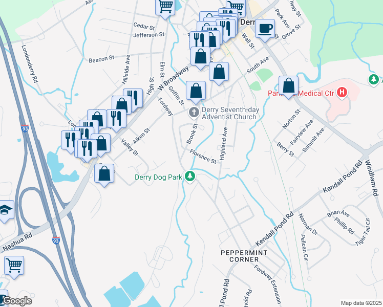 map of restaurants, bars, coffee shops, grocery stores, and more near 23 Brook Street in Derry