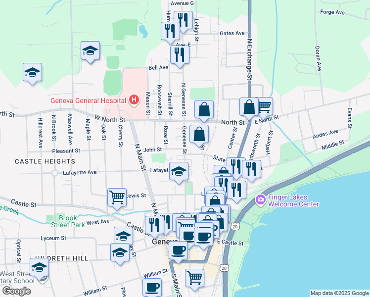 map of restaurants, bars, coffee shops, grocery stores, and more near 28 Genesee Street in Geneva
