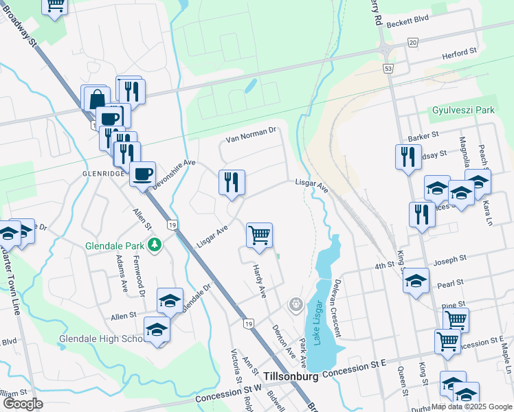 map of restaurants, bars, coffee shops, grocery stores, and more near 204 Lisgar Avenue in Tillsonburg