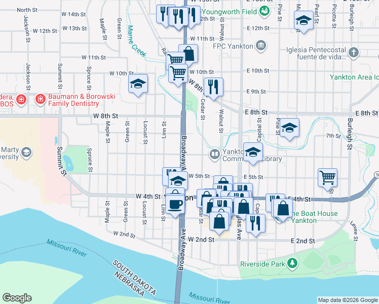 map of restaurants, bars, coffee shops, grocery stores, and more near 610 Broadway Avenue in Yankton