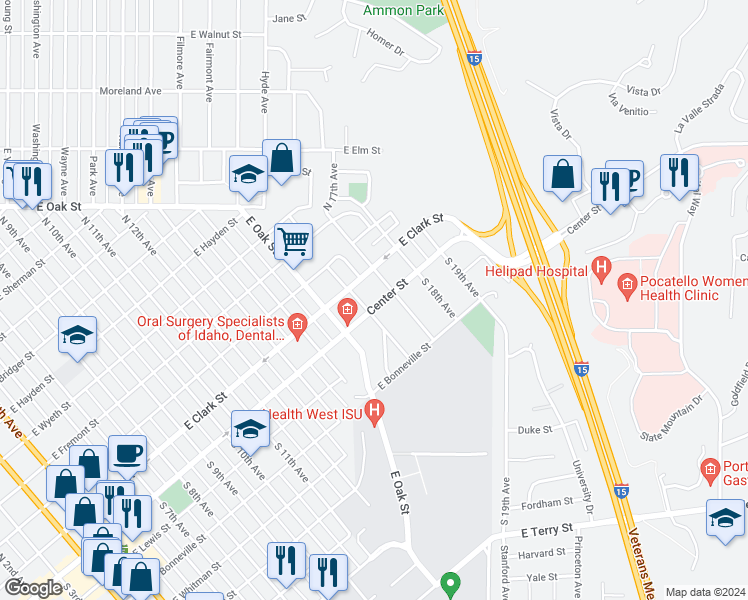 map of restaurants, bars, coffee shops, grocery stores, and more near 1714 East Center Street in Pocatello