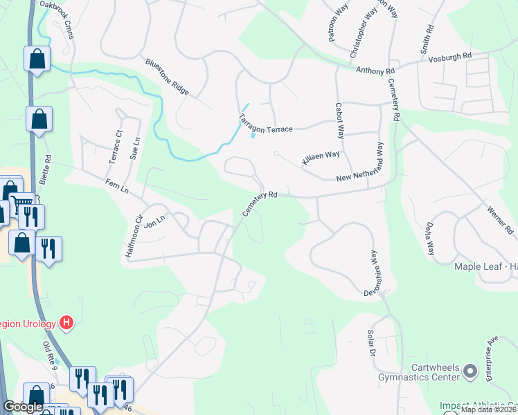 map of restaurants, bars, coffee shops, grocery stores, and more near 21 Mazy Lane in Saratoga County