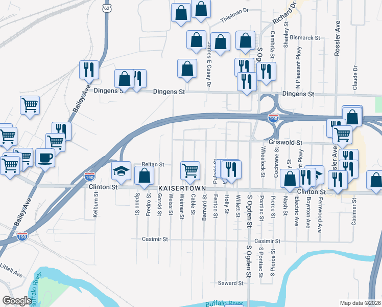 map of restaurants, bars, coffee shops, grocery stores, and more near 346 Cable Street in Buffalo