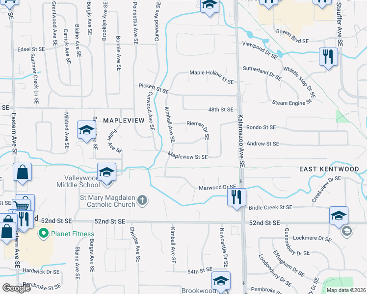 map of restaurants, bars, coffee shops, grocery stores, and more near 1405 Andrew Street Southeast in Kentwood