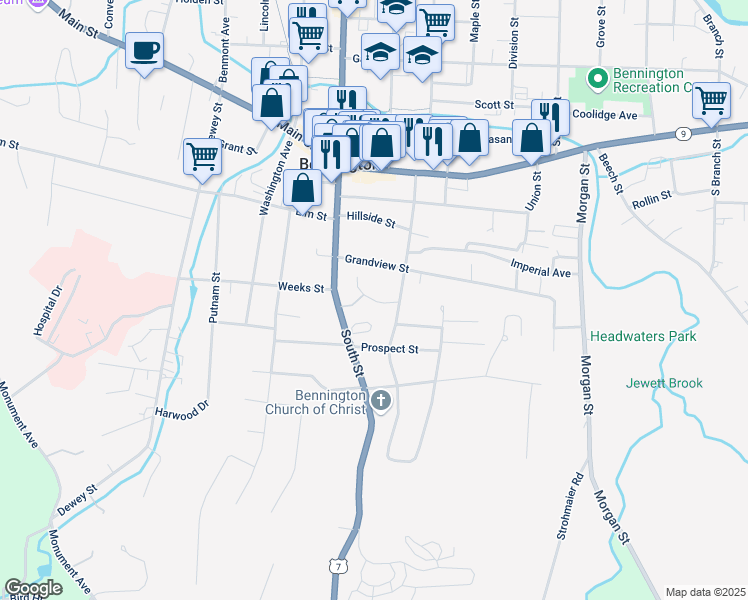 map of restaurants, bars, coffee shops, grocery stores, and more near Hilltop Drive in Bennington