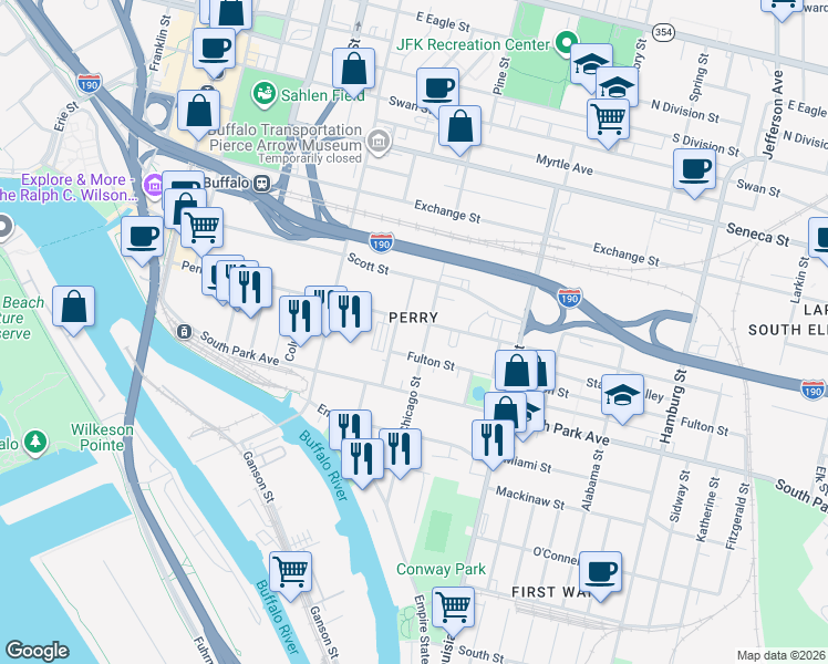 map of restaurants, bars, coffee shops, grocery stores, and more near 225 Perry Street in Buffalo