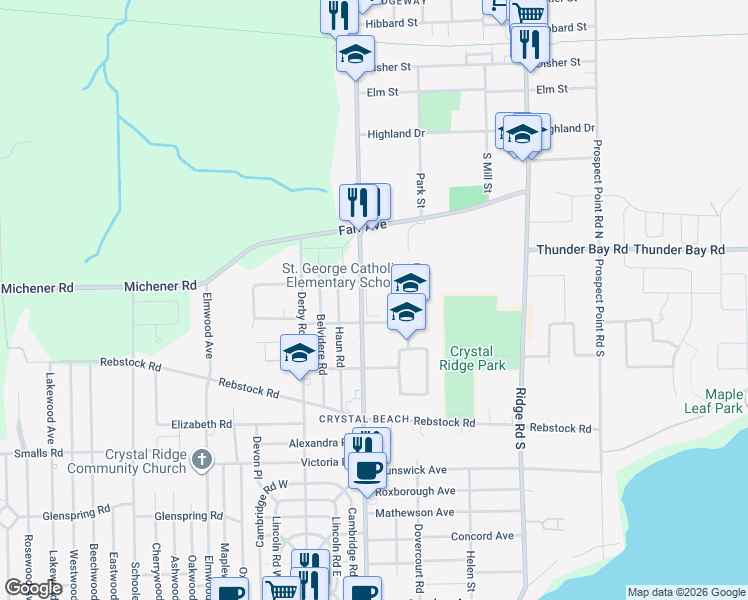 map of restaurants, bars, coffee shops, grocery stores, and more near 56 Ridgeway Road in Fort Erie